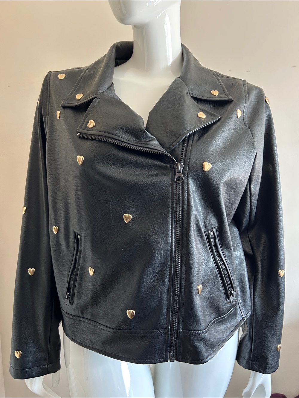 torrid Black Faux Leather Jacket with Gold Heart Studs, Size 3X